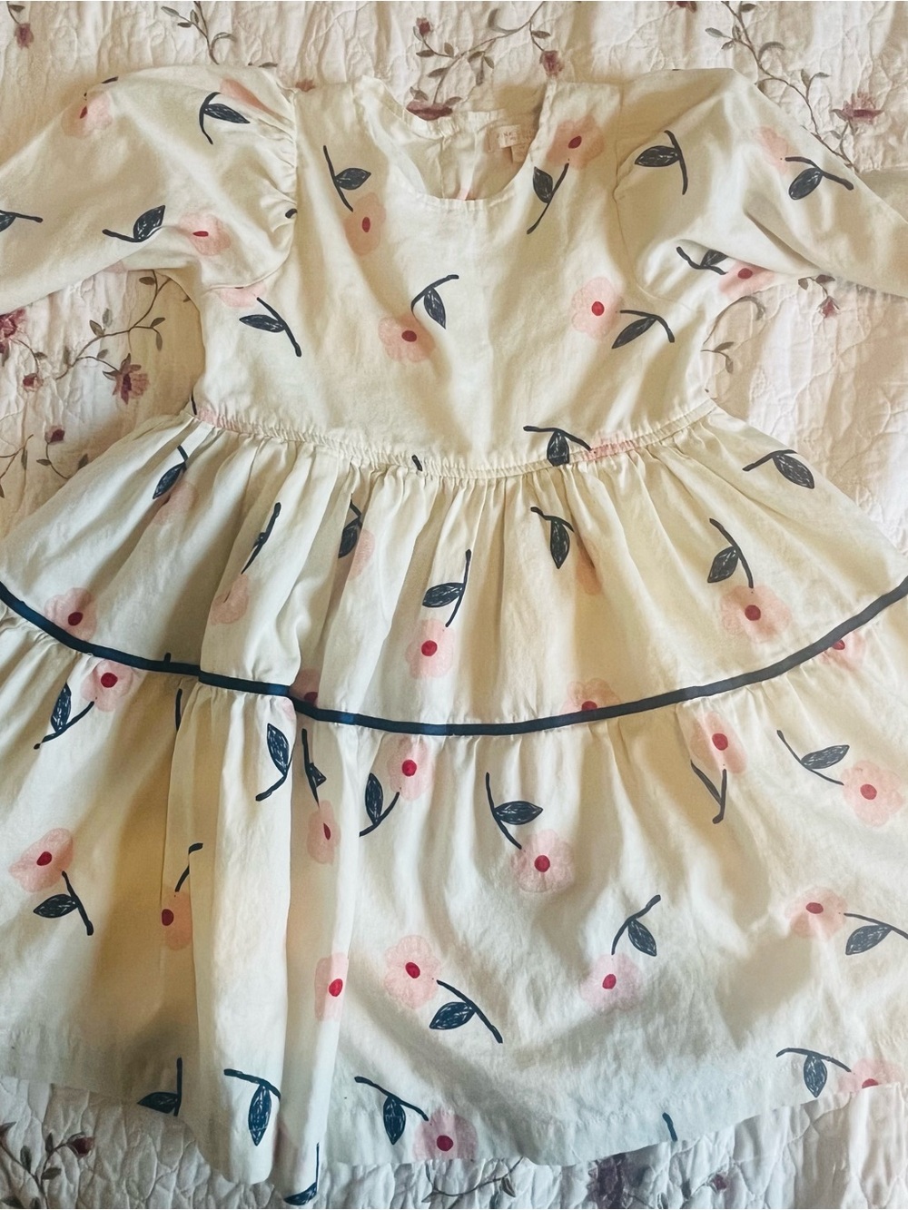 Pink Chicken Cream Floral Dress with Pink & Navy Accents
